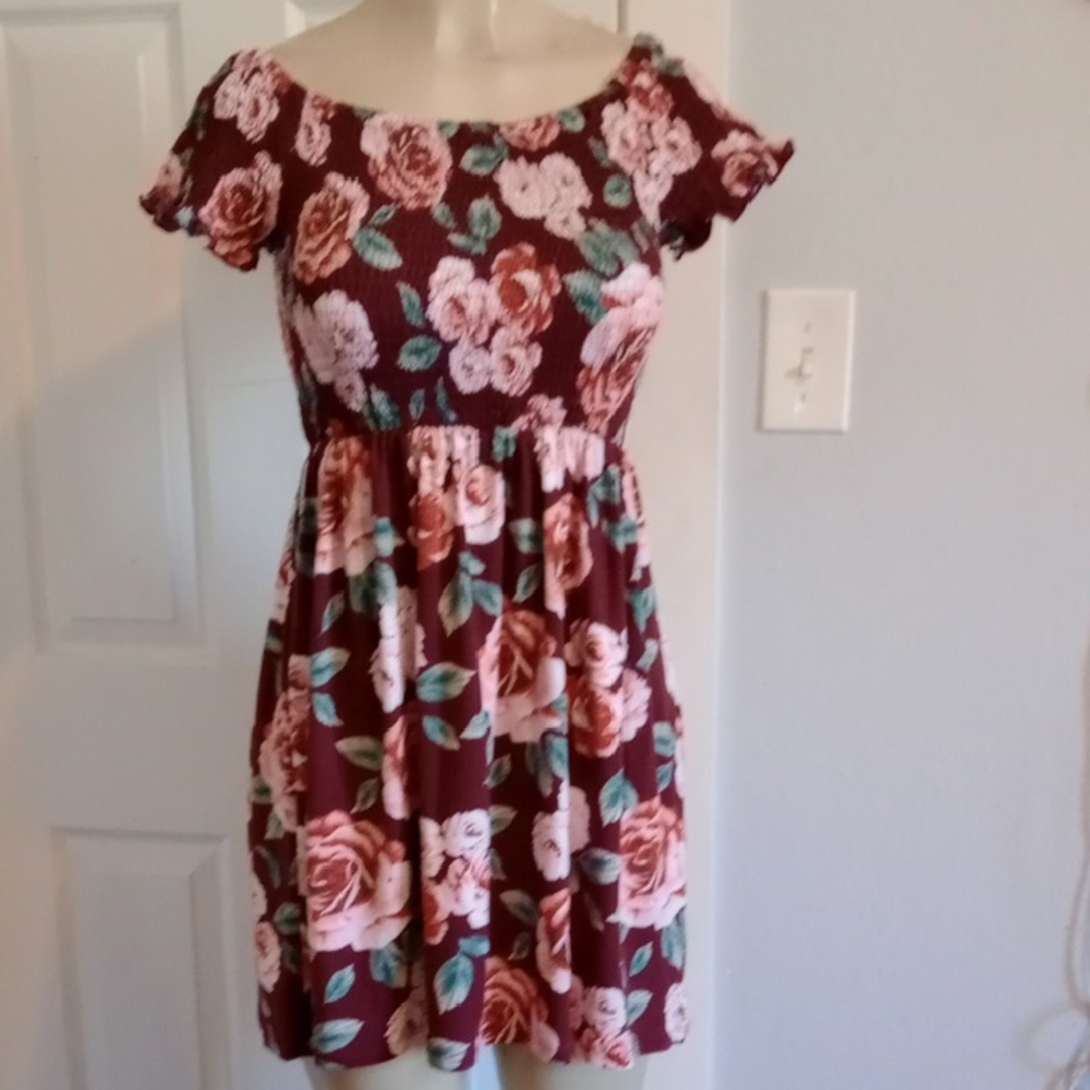 Pie The Sky  Floral Off-Shoulder Midi Dress in Burgundy and Pink